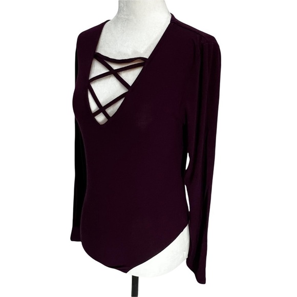 california Moonrise Burgundy Bodysuit Criss-cross Neckline Size S - Picture 3 of 8